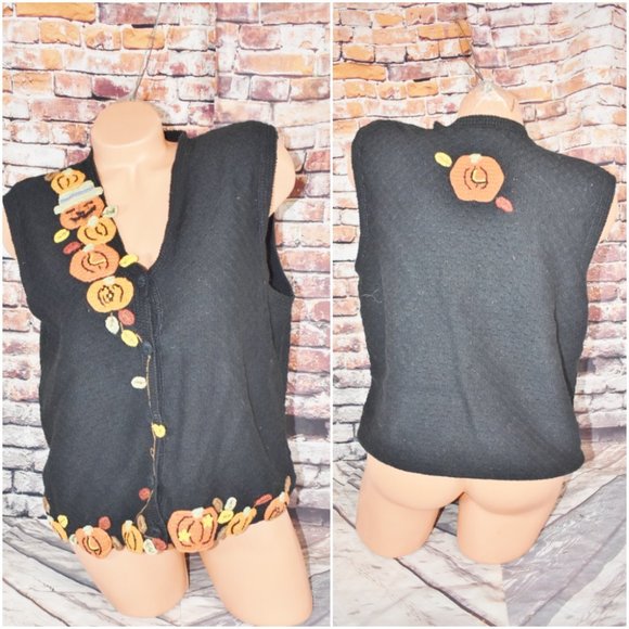 Karen Scott Jackets & Blazers - Karen Scott Large Halloween Vest Pumpkin Leaves Hand Embroidered